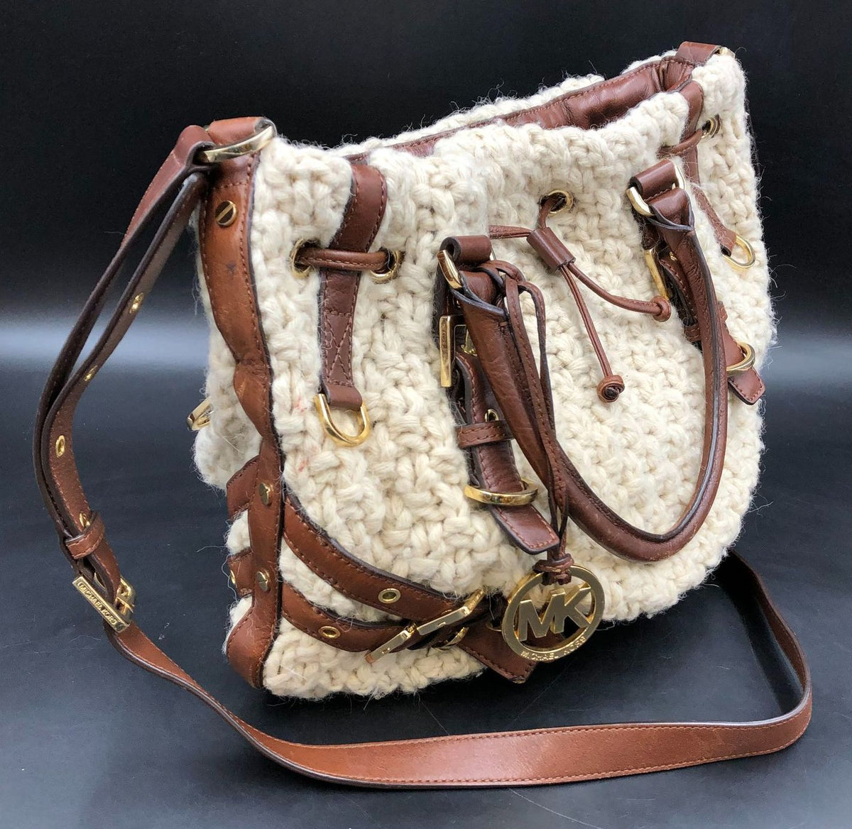 Michael Kors Beige Knit Yarn & Brown Leather Shoulder Bag w/ Gold Accents (+COA)
