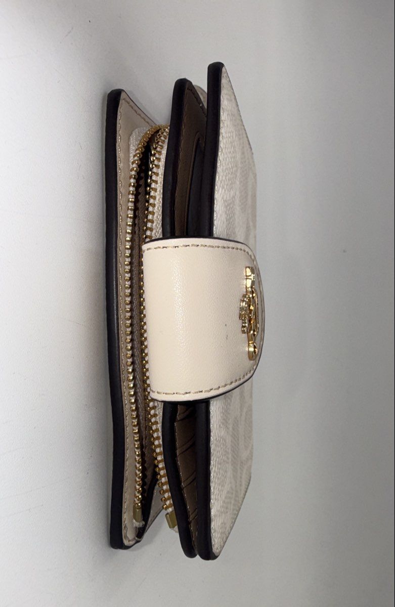 Coach White Signature Canvas Medium Corner Zip Wallet Gold Hardware