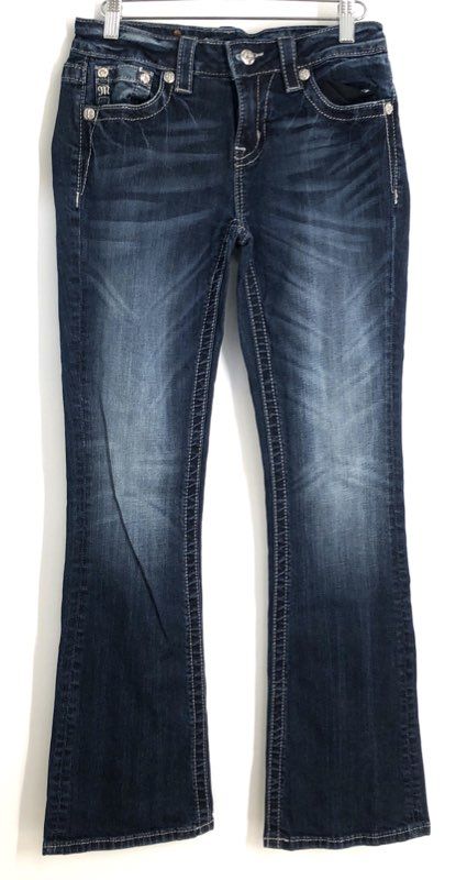 Miss Me Women's Dark Wash Mid Rise Bootcut Jeans Contrast Stitching Size 28