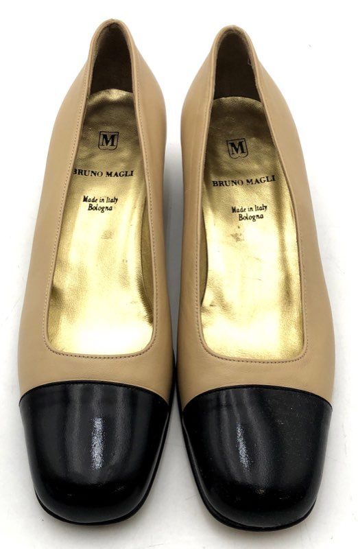Bruno Magli Beige Black Cap Toe Low Block Heel Leather Pumps Size 7.5 B