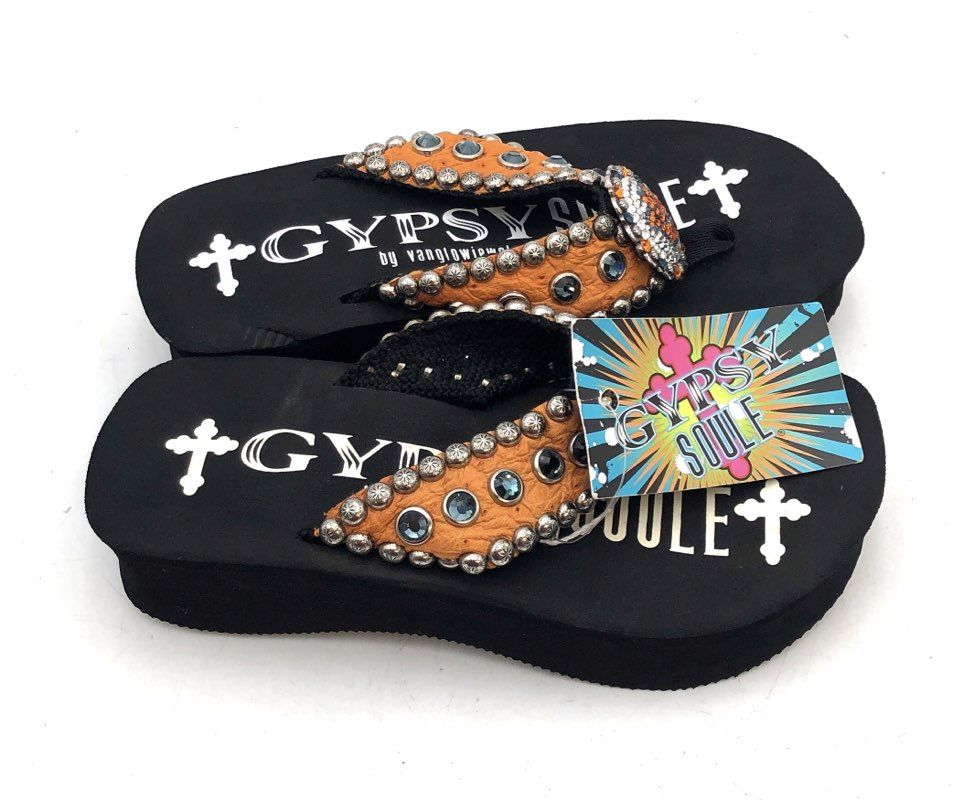 Gypsy Soule Auburn University Crystal Ostrich Leather Wedge Sandals Size 6 NWT