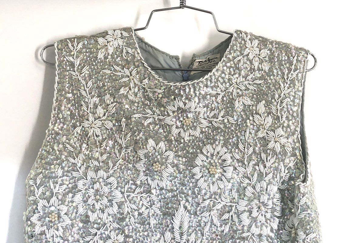 Vintage 60s Tack Yuen Hand Beaded Sequin Floral Fringe Sleeveless Top Sz M