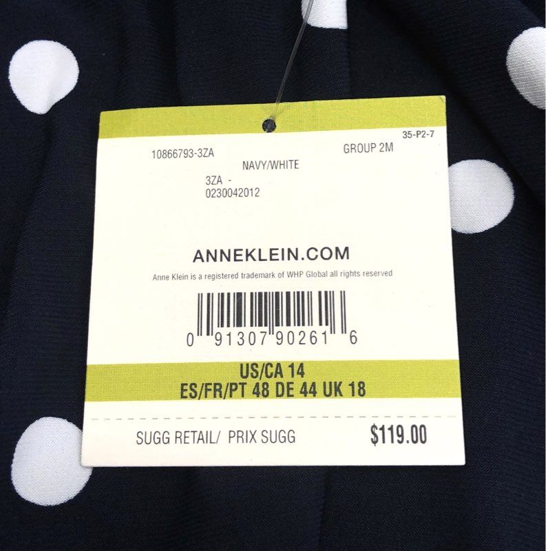Anne Klein Women's Navy White Polka Dot Sleeveless Belted Dress NWT Sz 14