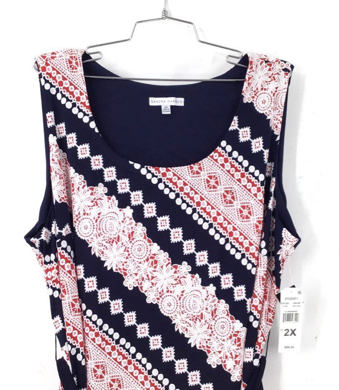 NWT Sandra Darren Women's Red Navy Blue Geometric A-Line Dress - Size 2X