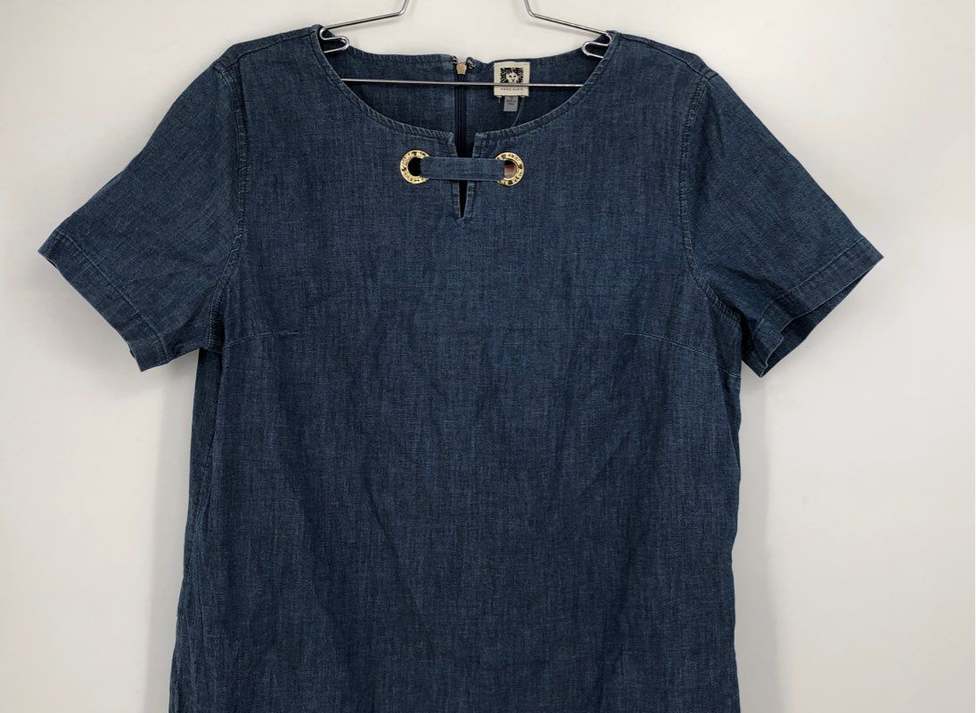 NWT Anne Klein Women&#39;s Blue Split Neck Short Sleeve Denim Shift Dress - Size 10