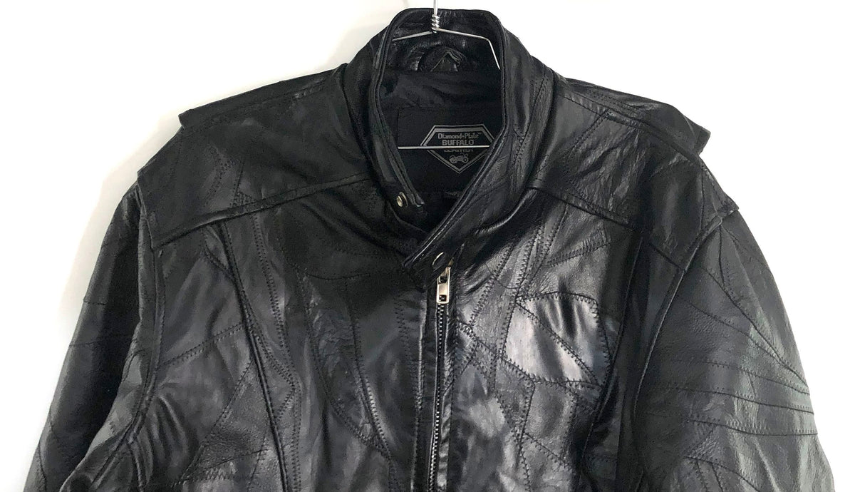 Diamond Plate Buffalo Leather Biker Motorcycle Jacket Live To Ride Patches Sz M