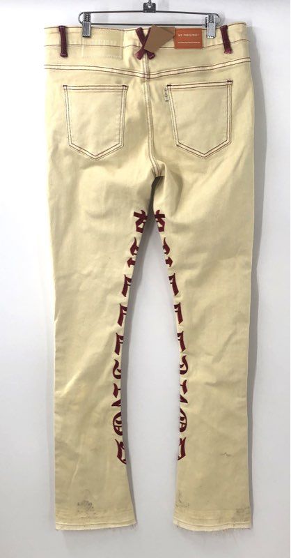 Pheelings Men's Cream Graphic Jeans Gothic Lettering Raw Hem Stretch Sz 34 NWT