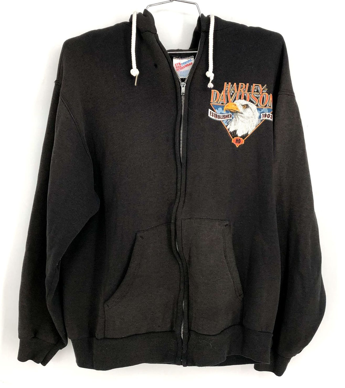 Vintage 1986 Harley-Davidson Fairfield, CA Black Front/Back Print Zip Hoodie - L