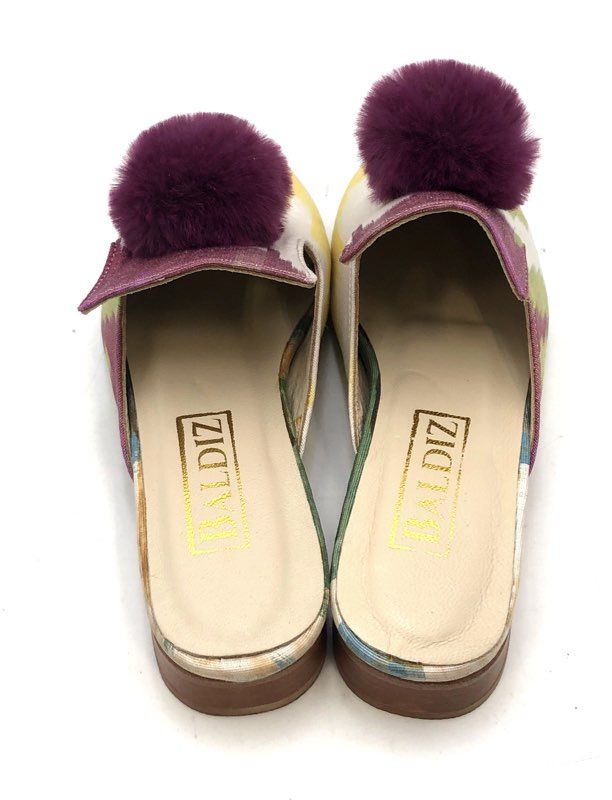 Baldiz Amelia Slide Multicolor Ikat Plum Pom Pom Silk Mules Flats Size EU 36