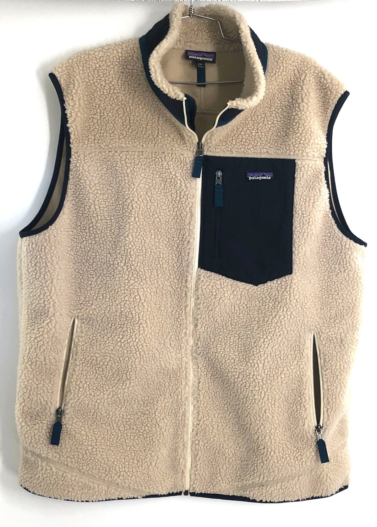 Patagonia Men's Classic Retro-X Fleece Vest Cream Navy Sherpa Full Zip Sz XXL