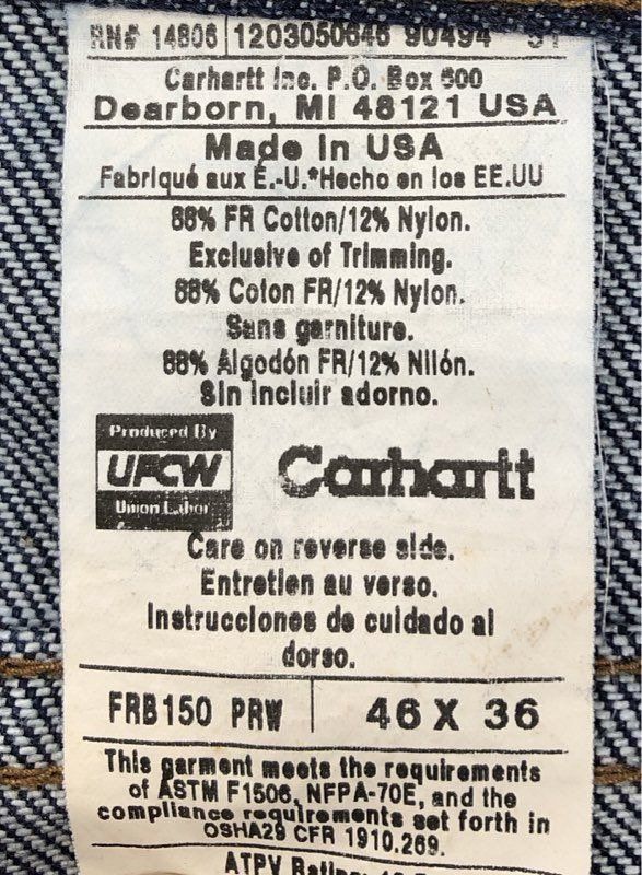 Vintage Carhartt Men's Dark Wash FR Flame Resistant Dungaree Jeans 46x36 NWT