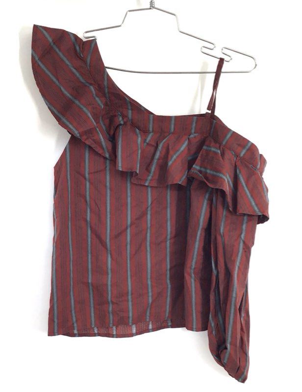 J.O.A. Los Angeles Women's Rust Red Striped One Shoulder Ruffle Top Sz XS
