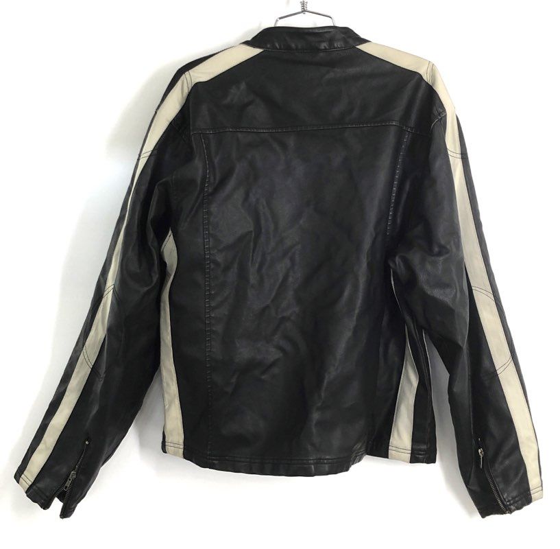 Arizona Men's Black Cream Stripe Faux Leather Cafe Racer Moto Jacket Sz L