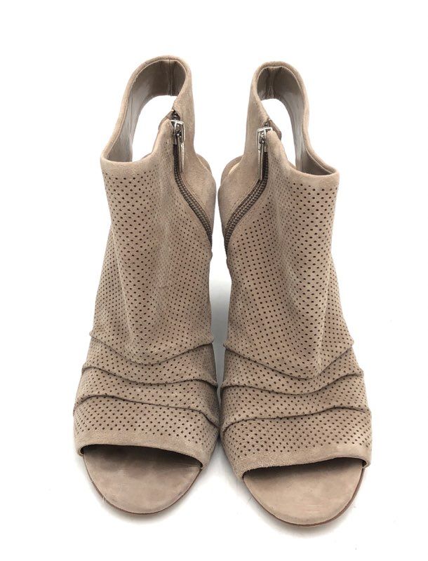 Vince Camuto Kentvi Taupe Perforated Suede Peep Toe Wedge Booties Size 9.5