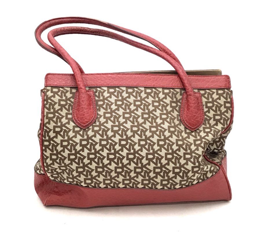 DKNY Tan Red Monogram Canvas Leather Tote Bag Gold Tone Hardware