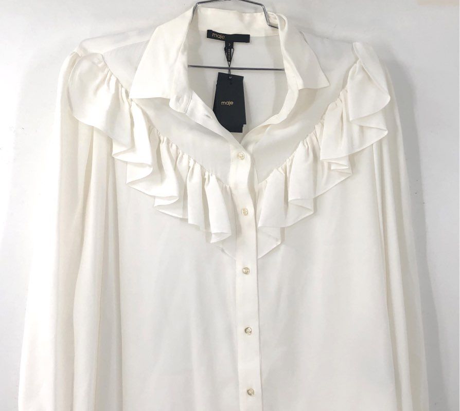 NWT Maje Women's White Ruffle Button-Up Shirt - Size 2