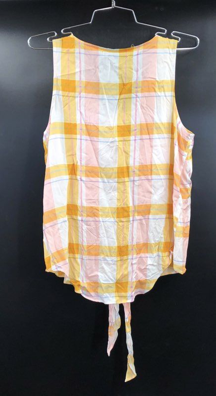a.n.a Women's Dawn Plaid Sleeveless Tie Front Button Blouse Gold Pink Sz S NWT