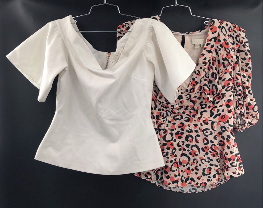 Ted Baker Women's Top Lot of 2 White Gianori Sz 2 & Leopard Coralo Sz 1