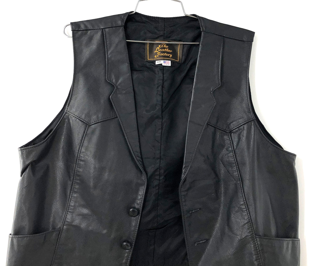 The Leather Factory Men's Black Leather Western Biker Vest Made in USA Sz 44R