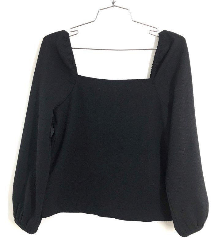 Madewell Women's Black Square Neck Puff Sleeve Textured Crepe Blouse Top Sz XS