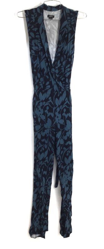 LOFT Women's Navy Teal Floral Print Sleeveless Surplice V-Neck Jumpsuit Sz 0T