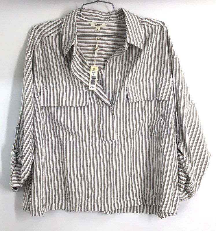 Max Studio London Women's Beige White Striped Roll Tab Popover Blouse NWT Sz L