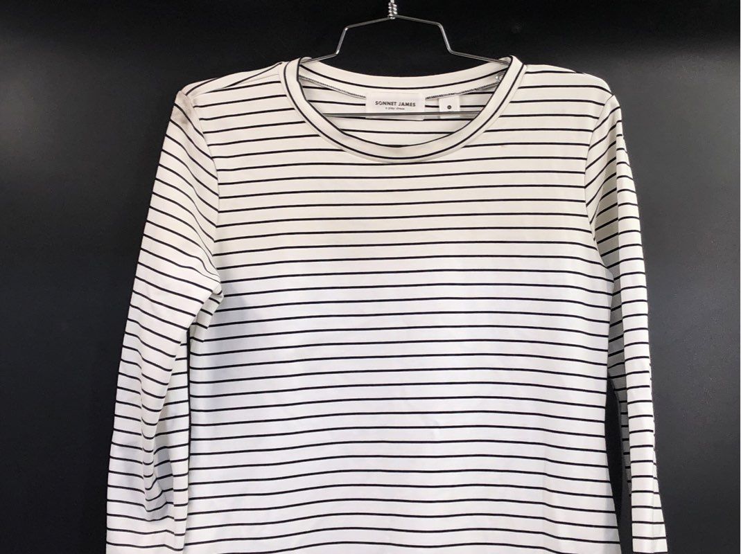 Sonnet James Women's White Black Striped A Play Dress Long Sleeve Jersey Sz S