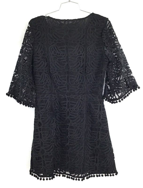 Tularosa Women's Black Lace Mini Dress Lace-up Front Pom Pom Trim Sz S