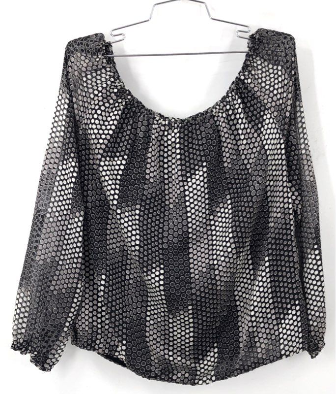 White House Black Market Women's LS OTS Dot BO Blouse Black Ecru NWT Sz L
