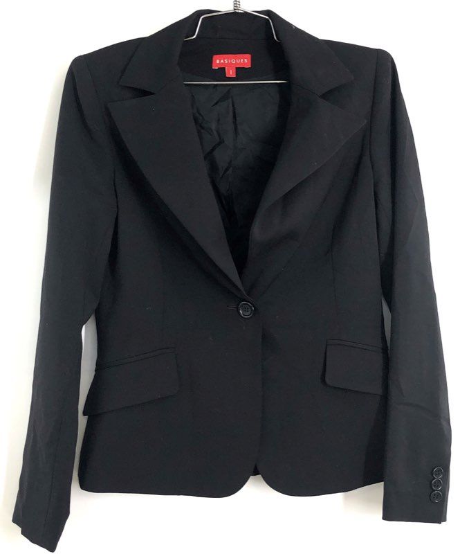 Basiques Women's Black Single Button Notched Lapel Blazer Jacket Size 1