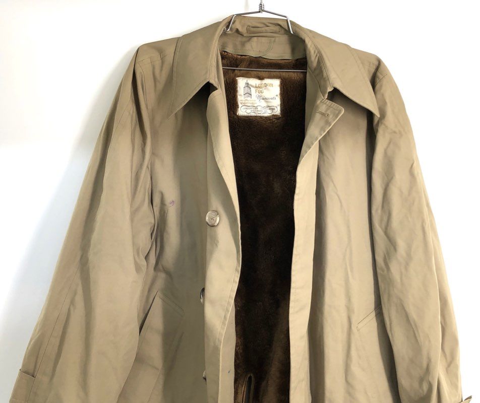 Vintage 80s London Fog Men's Tan Maincoat Trench Coat Faux Fur Liner Sz 40 Reg