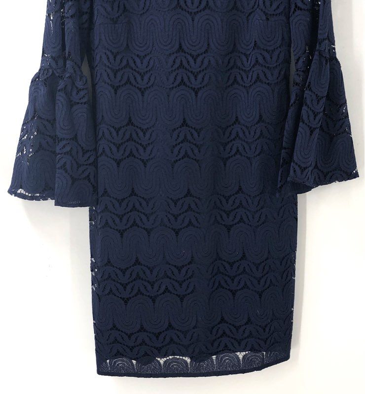 Trina Turk NWT Women's Plume Dress Navy Blue Lace Mock Neck Bell Sleeve Sz 8