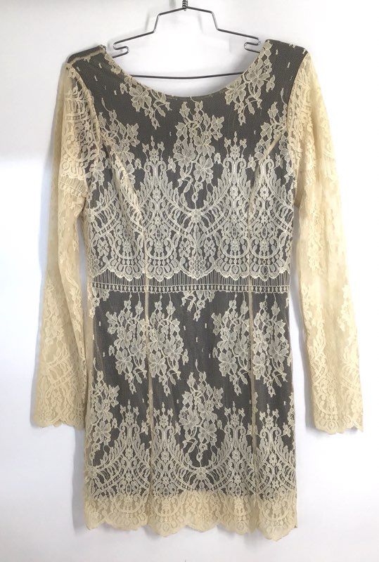 Free People Women's Ivory Lace Long Sleeve Mini Dress Black Lining NWT Sz S