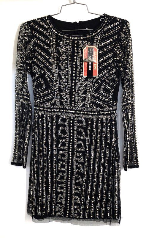 Gianni Bini Women's Dani Pearl Dress Black Beaded Sequin Mini Sz 4 NWT