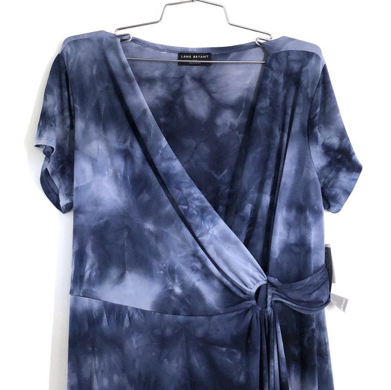 Lane Bryant Women's Blue Tie Dye Faux Wrap O-Ring Knit Dress NWT Size 14/16