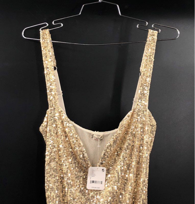 Free People Women's Gold Sequin V-Neck Bodysuit Mesh Thong NWT Size S