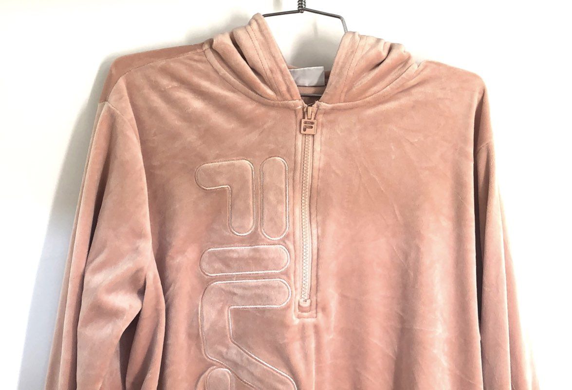 Fila Women's Blush Pink Velour Quarter Zip Pullover Hoodie Embossed Logo Sz L