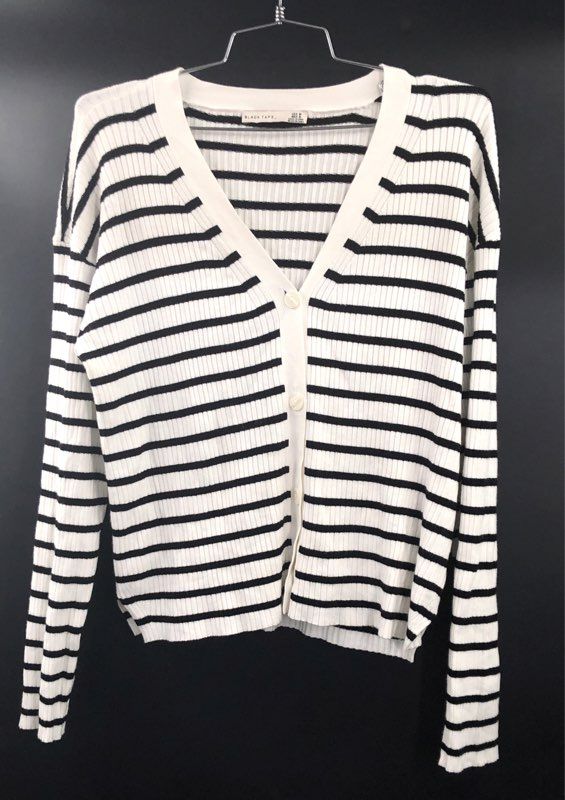 Black Tape Women's White Black Striped Ribbed Knit V-Neck Cardigan Sz M