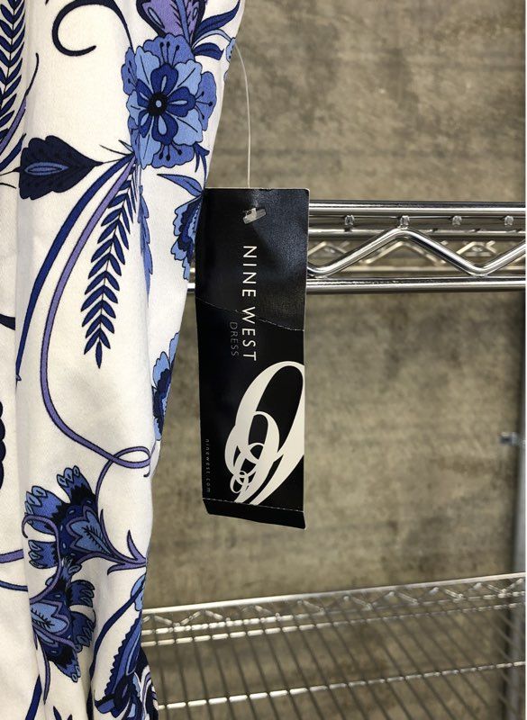 Nine West Women's Dress White Blue Floral A-Line V-Neck Belted Sz 14 NWT