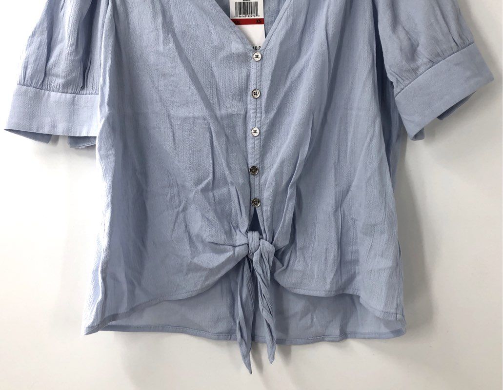 Michael Kors Women's Blue Tie-Hem Blouse Puff Sleeve Cotton Blend NWT Sz XS
