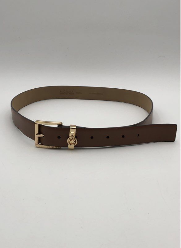 Michael Kors Women's Belt Brown Genuine Leather Gold Tone MK Logo Charm Size L