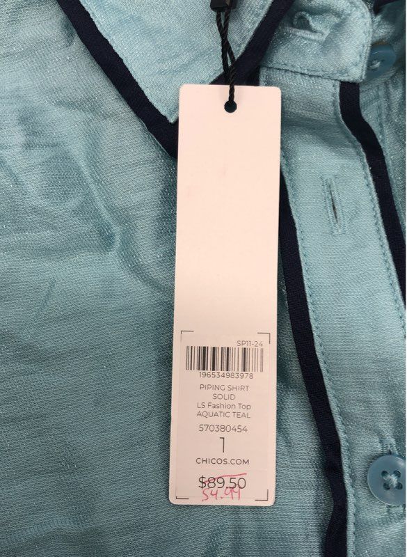 Chico's Women's Piping Shirt Aquatic Teal Button Front Long Sleeve Sz 1 NWT