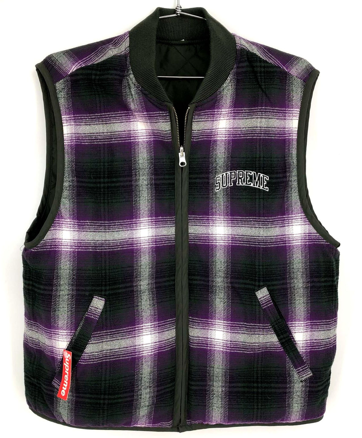 NWT Supreme Men&#39;s Purple/Olive Green Reversible Shadow Plaid Zip Vest - Size S