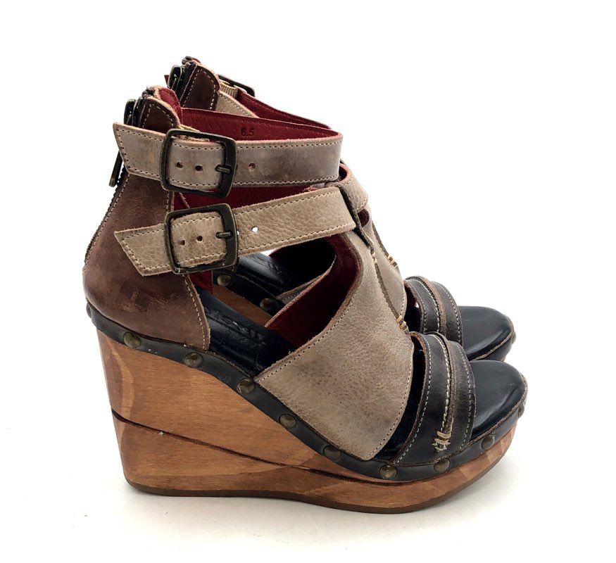 Bed Stu Tan Brown Leather Studded Multi-Strap Wedge Sandals Size 6.5