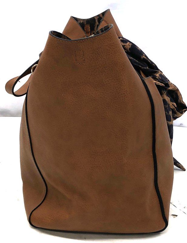Steve Madden Light Brown Faux Leather Tote Bag Leopard Scarf Gold Chain Handles