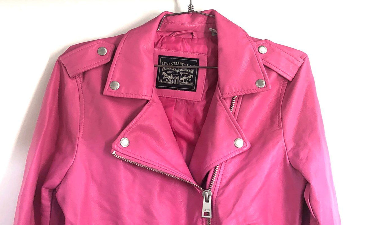 Levi Strauss Women's Pink Faux Leather Moto Biker Jacket Belted Coat Sz S NWT