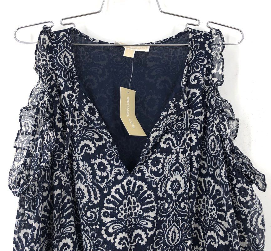 NWT Michael Kors Women's Navy Bone Floral Fit & Flare Dress - Size L