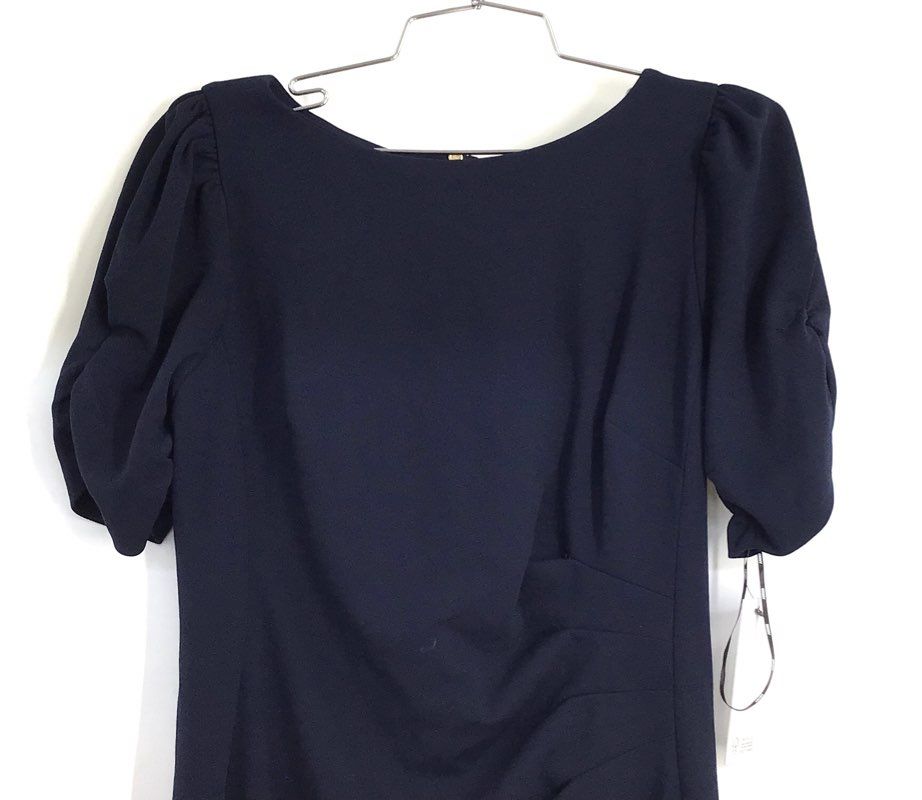 DKNY Women's Navy Blue Ruched Sheath Dress Short Puff Sleeve Gold Zip Sz 4 NWT