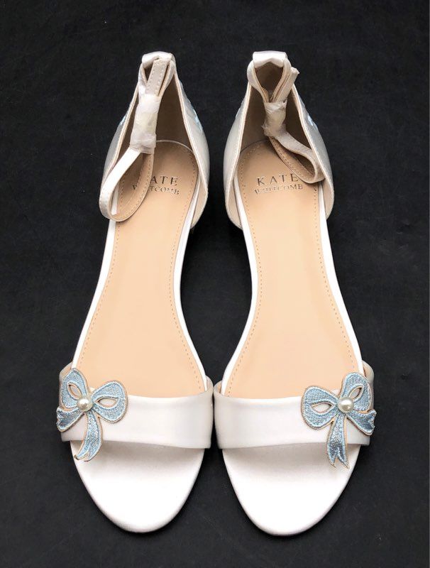 Kate Whitcomb Something Blue Ivory Satin Bow Bridal Wedding Flats Size 8 NIB