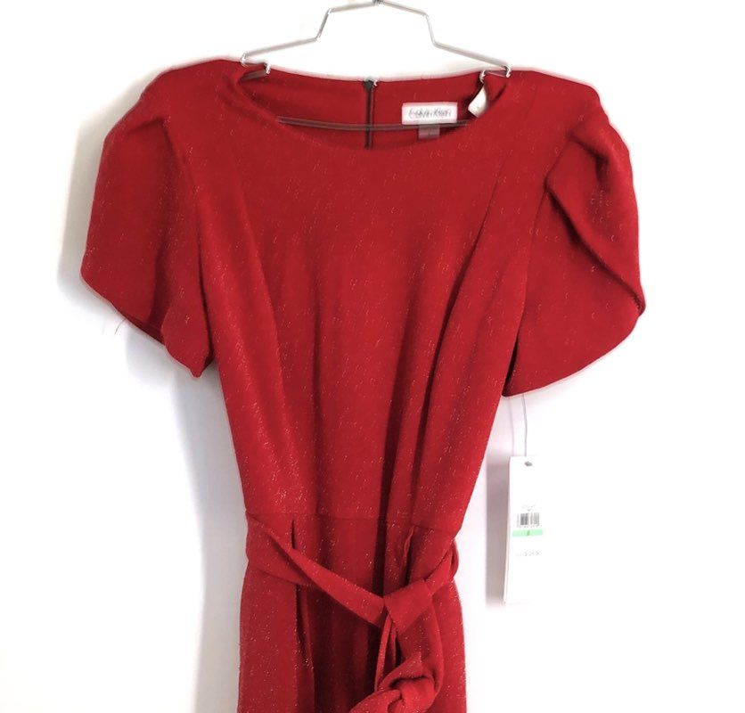 Calvin Klein Women's Red Sparkle Short Sleeve Tie Waist Jumpsuit Sz 8 NWT